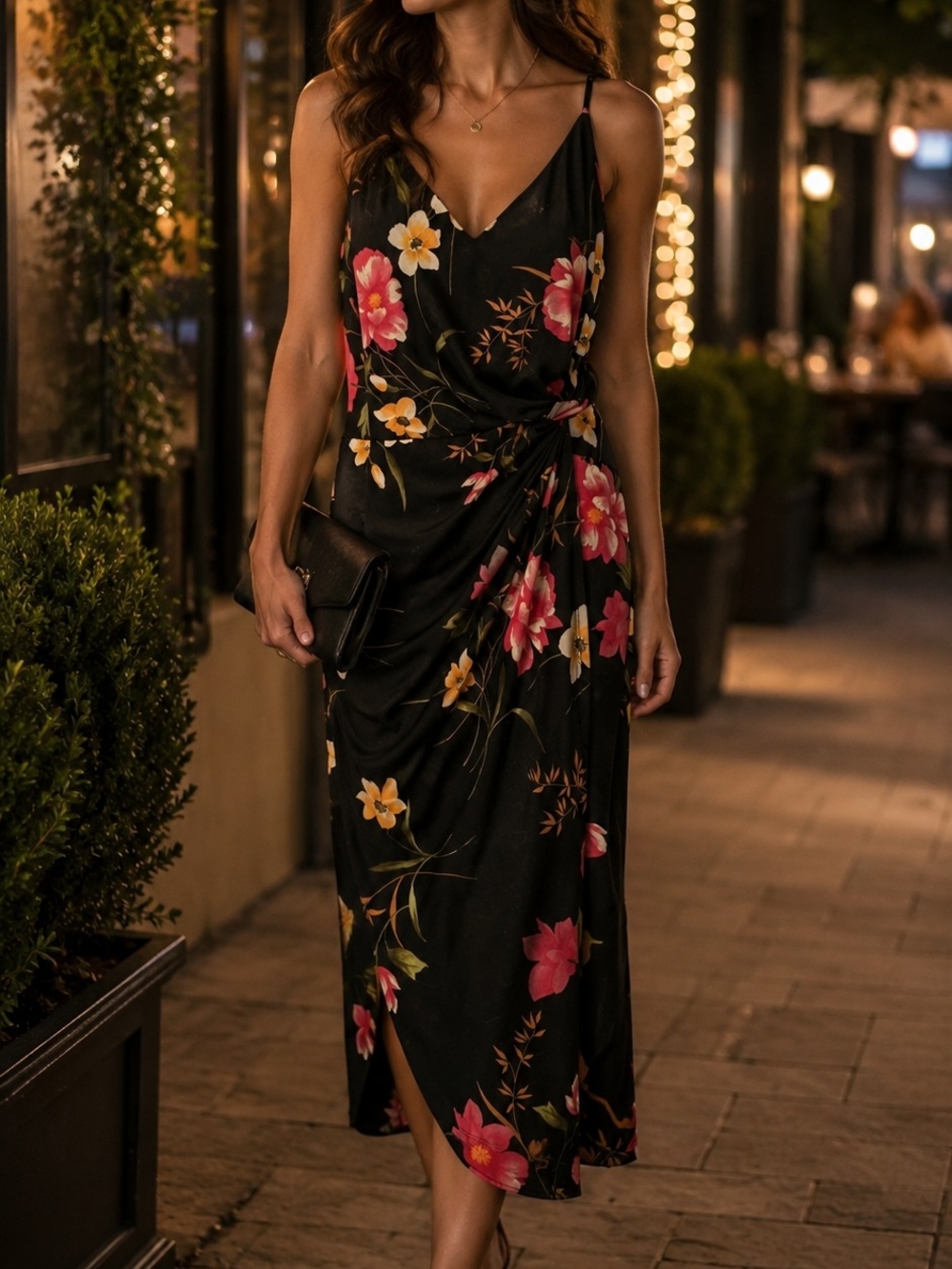 nine britton Black Floral Faux Wrap Midi Dress with Pink & Yellow Blooms
